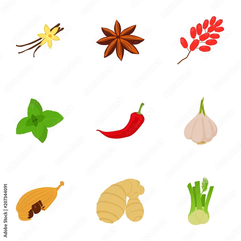 Poster herbage icons set. cartoon set of 9 herbage vector icons for web isolated on white background