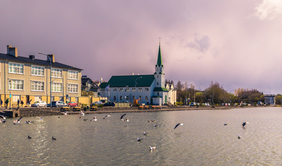 Reykjavik - May 02, 2018: Panorama of Reykjavik from the Tjornin Lake, Iceland