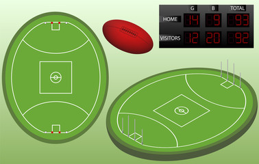 Australian football isometric playground, ball, and scoreboard. Australian football playground top view. Isolated.