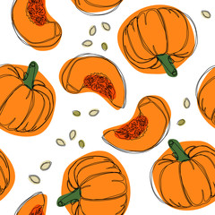 Pumpkin seamless pattern. Outline vegetable wallpaper.
