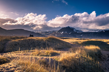 Obraz premium Snaefellsjoekull - May 02, 2018: Budakirkja church in Snaefellsjoekull national park, Iceland