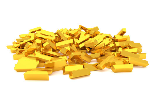 Bunch or pile of gold bars or brick, modern style background or texture. Pattern, flying, cover & money.