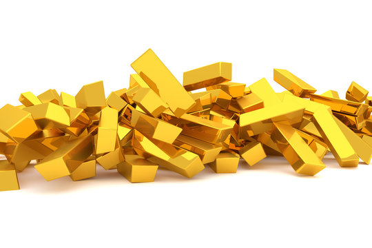 Bunch or pile of gold bars or brick, modern style background or texture. Creative, flying, abstract & concept.