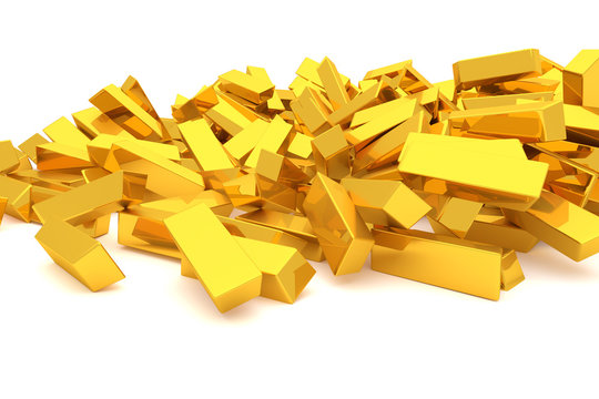 Bunch or pile of gold bars or brick, modern style background or texture. Repeat, illustration, decoration & backdrop.