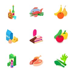 Restaurant dinner icons set. Isometric set of 9 restaurant dinner vector icons for web isolated on white background