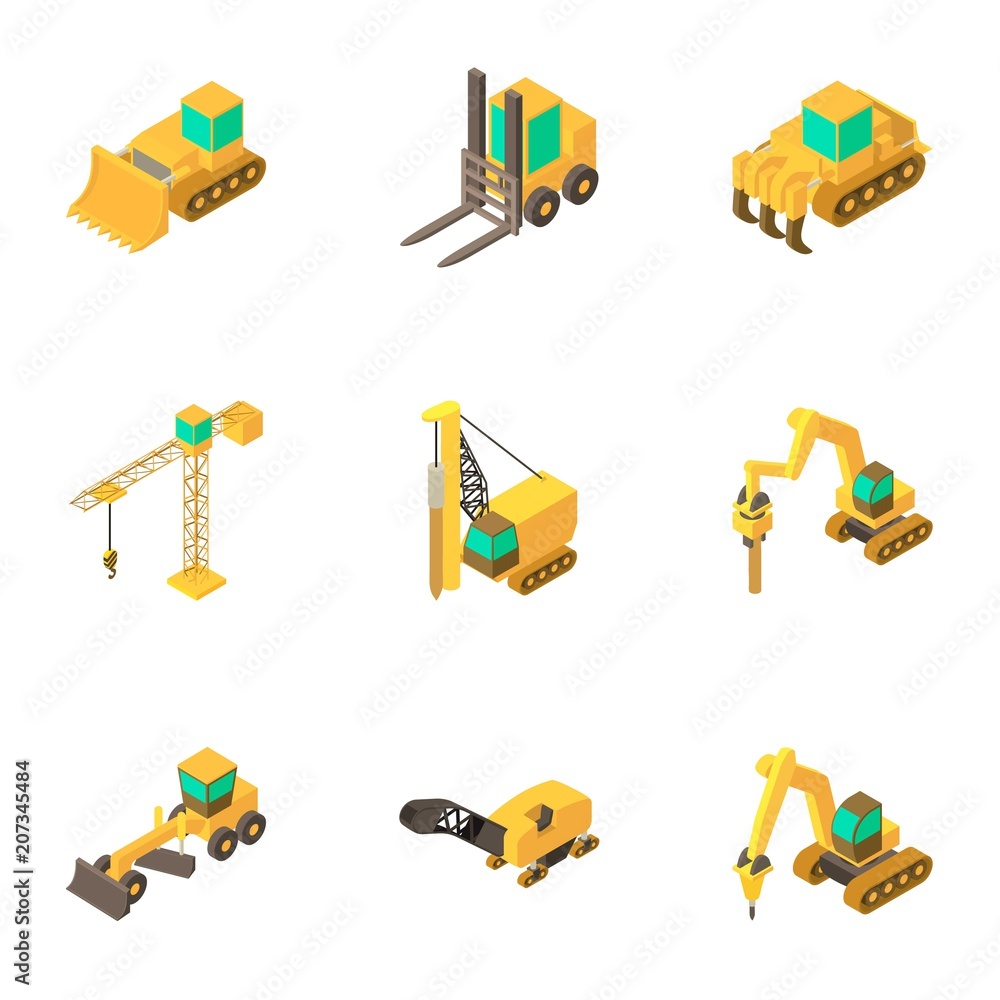 Poster tool machine icons set. cartoon set of 9 tool machine vector icons for web isolated on white backgro