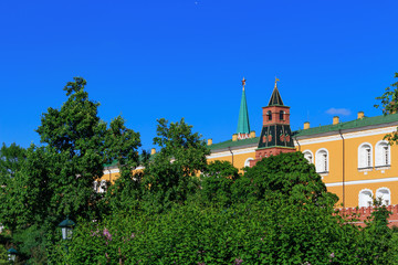 Buildings of Moscow Kremlin against the background of green trees and blue sky