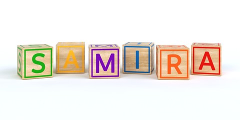 The name samira written with Isolated wooden toy cubes
