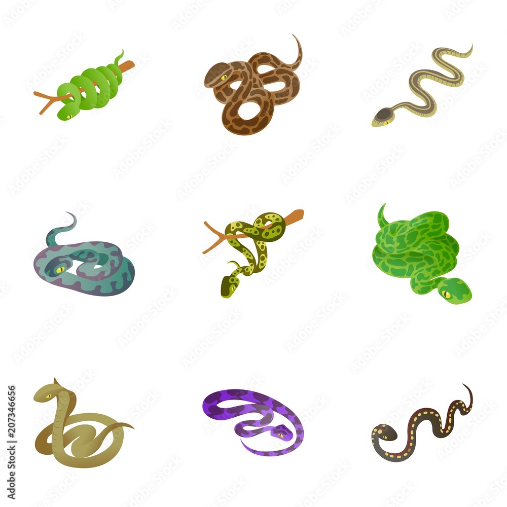 Poster snake icons set. cartoon set of 9 snake vector icons for web isolated on white background