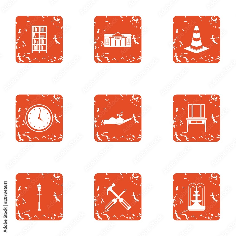 Poster patch icons set. grunge set of 9 patch vector icons for web isolated on white background