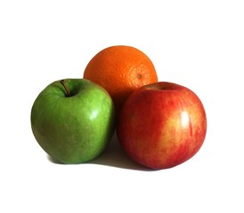 On white background the object of red and green Apple with orange.