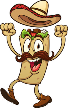 taco, Mexican, sombrero, mustache, boot, happy, excited, smiling, arms up, cartoon, vector, gradient, isolated, character, illustration