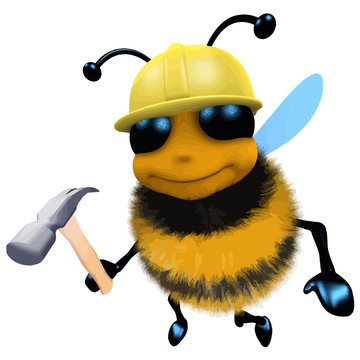 3d Funny cartoon honey bee construction worker character holding a hammer