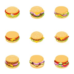 Burger icons set. Cartoon set of 9 burger vector icons for web isolated on white background