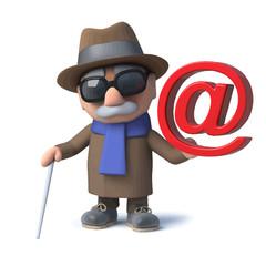 3d Funny cartoon blind man character has an email address symbol