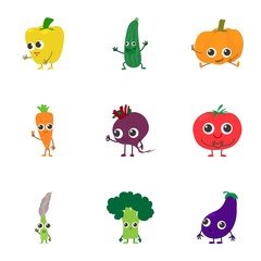 Veggie icons set. Cartoon set of 9 veggie vector icons for web isolated on white background