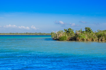 Laguna de Bacalar Lagoon in Mayan Mexico at Quintana roo, seven color lake