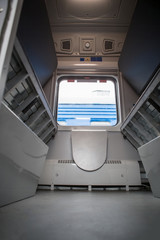 classic interior of sleeping car of train. interior of compartment car. Passenger train car. Sleeping car of passenger train