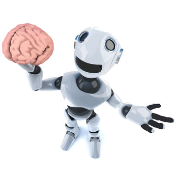 Vector 3d Funny cartoon mechanical robot character holding a human brain
