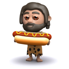 Vector 3d Caveman with a hot dog