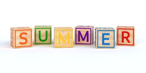 The name summer written with Isolated wooden toy cubes