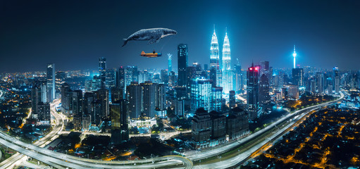 Whale floats in the sky and carrying a plane with businessman . Travel concept. © jamesteohart