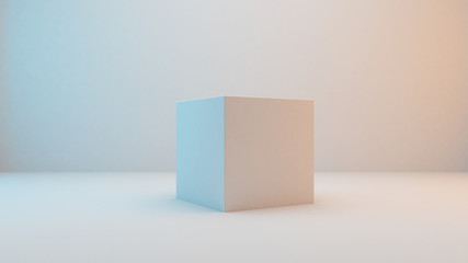 Milky white cube isolated on white background with slightly blue and orange lighting . 3D Rendering