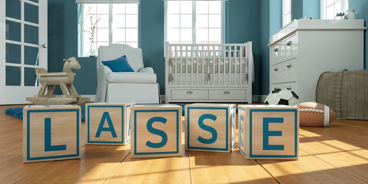 The name lasse written with wooden toy cubes in children's room