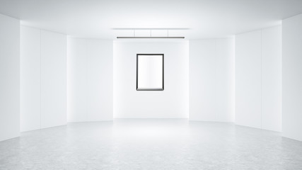 3D rendering empty rendering picture frame with minimalist and modern design studio room space background, high key lighting .