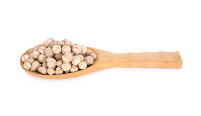 dried cardamom seed in wooden spoon on white background