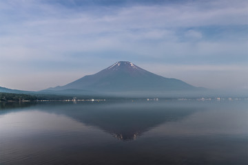 Mountain Fuji with reflection at Lake Yamanakako in morning