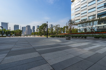 empty brick floor with cityscape and skyline.