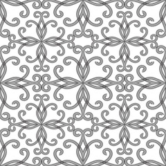 Fototapeta na wymiar Black and white vintage ornamental seamless pattern. Vector patterned floral abstract background. Hand drawn textured lace flowers, lines, swirls, leaves. Monochrome design for fabric, printing