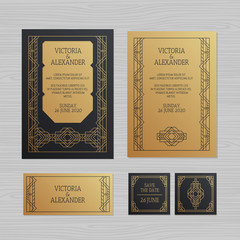 Luxury wedding invitation or greeting card with geometric ornament. Art Deco style. Paper envelope template. Wedding invitation envelope mock-up for laser cutting. Vector illustration.