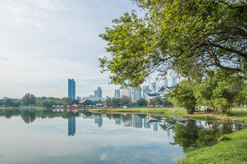 Beautiful morning view of the Kuala Lumpur skyline at Titwangsa Lake Gardens.