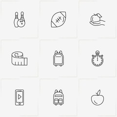 Fitness line icon set with apple, backpack and stopwatch