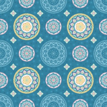 Pastel mandala flower and Thai style seamless pattern vector on pastel blue background