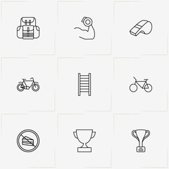 Fitness line icon set with bicycle, swedish ladder and backpack