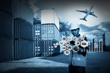 Foreman control and check list with walky-talky for loading Containers box to truck, Container ship in import export and business logistic. Trade Port. Shipping, cargo to harbor Business logistic 