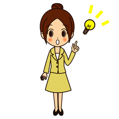 閃いた女性　お団子ヘア　スーツ