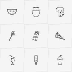 Food line icon set with ice cream, pizza piece and lollipop