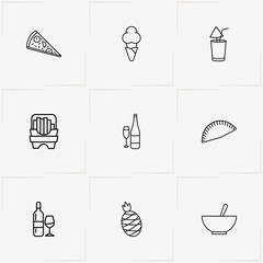 Food line icon set with bowl , wine bottle  and pizza piece