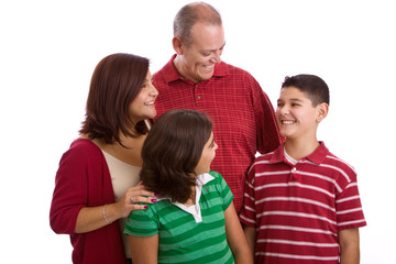 Fototapeta premium Hispanic family smiling isolated on white.