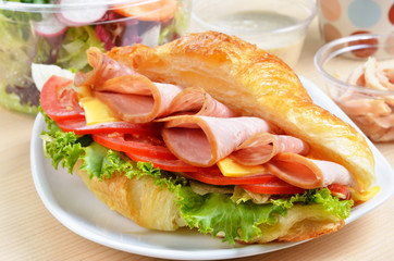 Fresh croissant with ham and cheese on plate 
