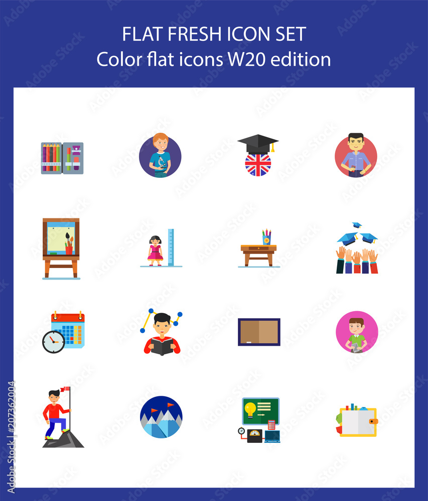 Poster nineteen university flat vector icons collection on white background. can be used for topics like sc