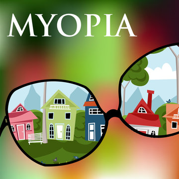 myopia. vector illustration with glasses and blurred background