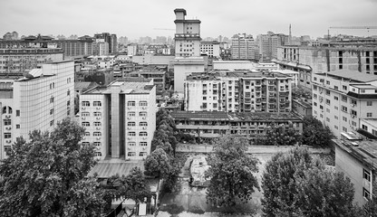 Black and white Xian cityscape, China