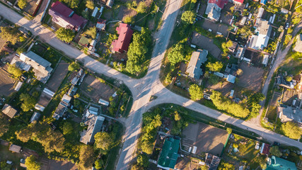 Top view of the village intersection of an urban-type settlement of Leningrad region, Russia.