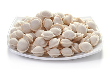 Russian cuisine hot meat dumplings, isolated on white background.