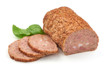 Baked meatloaf with boiled eggs, isolated on white background.